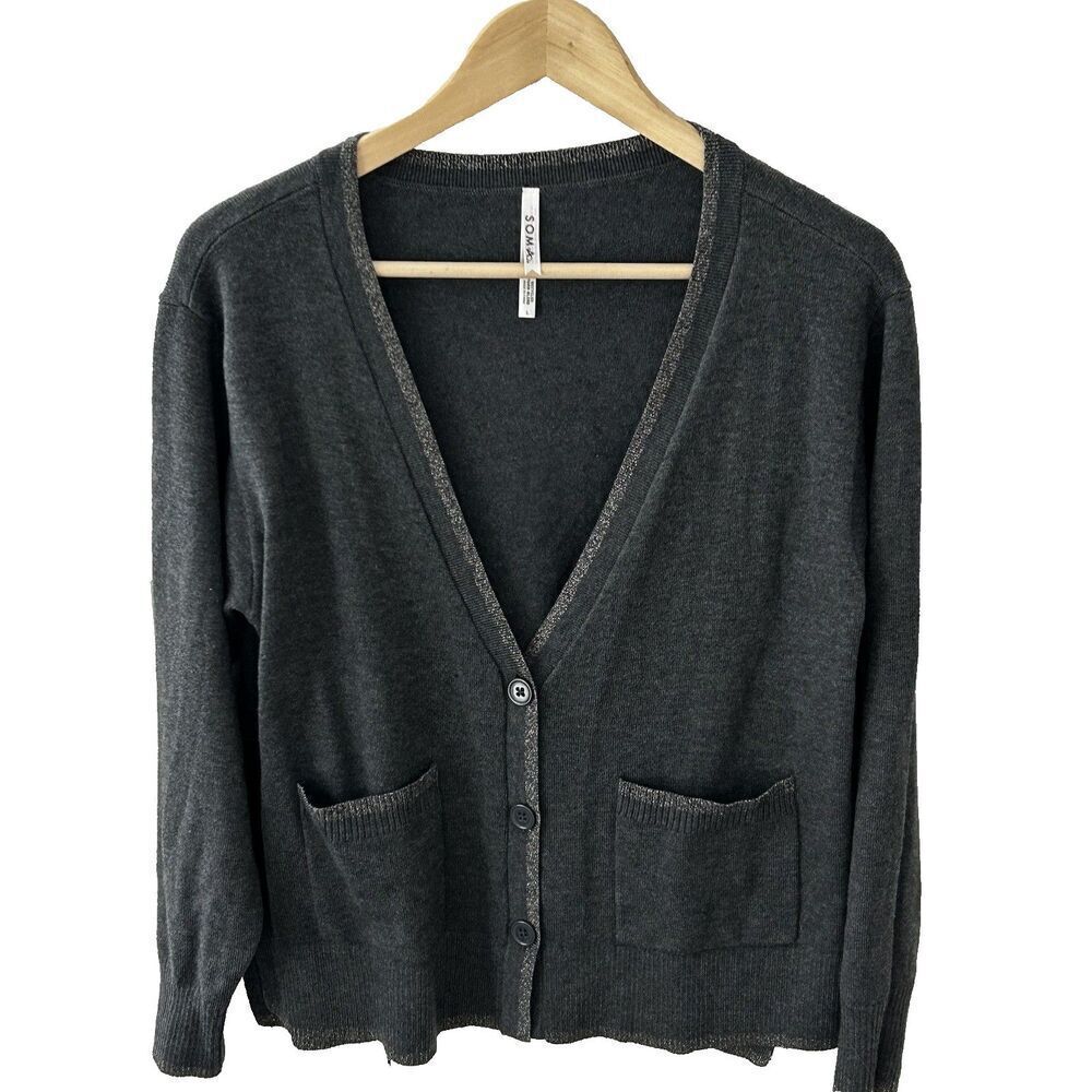 SOMA Cardigan Sweater Size Large Grey Pockets Sparkle Trim Knit Preppy Academic